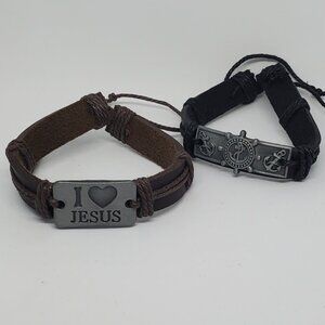 2 Pieces Faux Leather Bracelets Set - Unisex, Versatile Wear - Jesus and Anchor